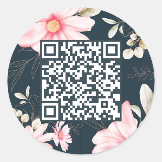 Beautiful Floral QR Code Dunkelblau Runder Aufkleber (Vorderseite)