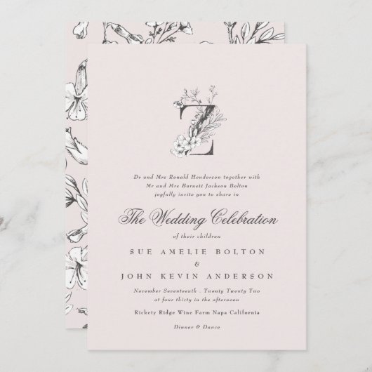 Beautiful Floral 'Z' Monogramm gezeichnet Einladung (Vorne/Hinten)