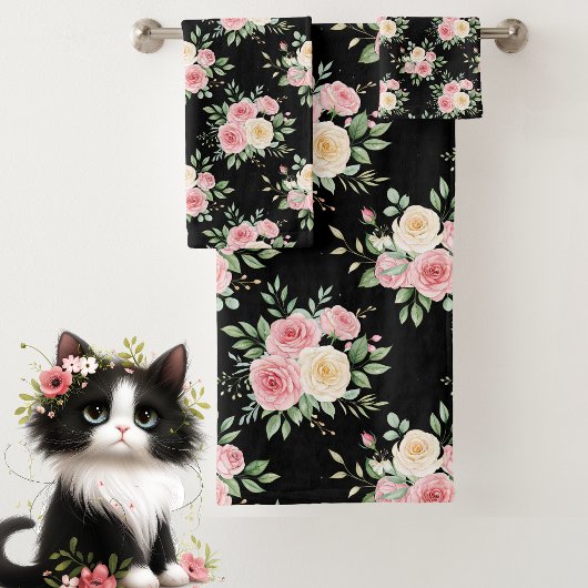 Beautiful Flowers in Pastel Color on Black Badhandtuch Set