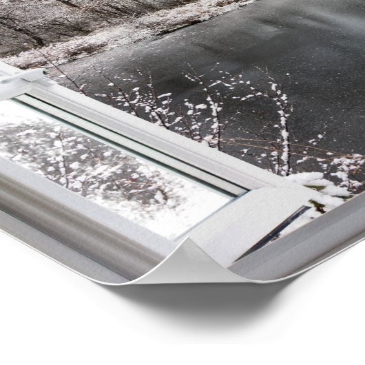 Beautiful frozen lake scene through an open window poster (Ecke)