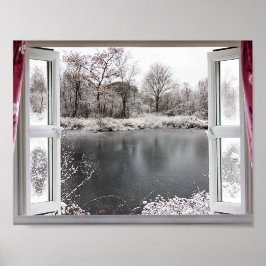 Beautiful frozen lake scene through an open window poster (Vorne)