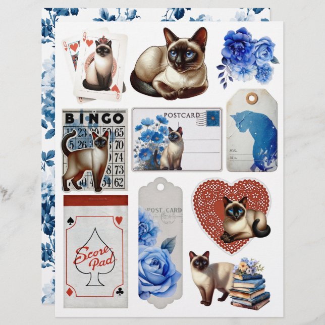 Beautiful Fussy Cuts with Siamese Cat & Blue Roses (Vorne/Hinten)