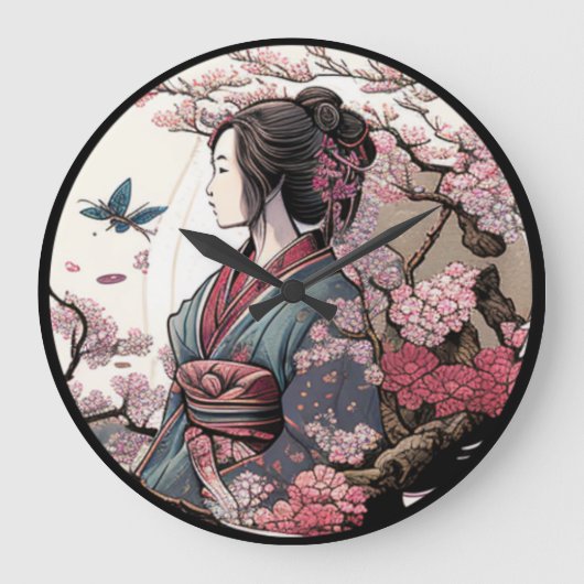 Beautiful Geisha Geiko Geigi Cherry Blossom Sakura Große Wanduhr (Vorderseite)
