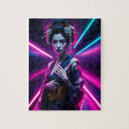 Beautiful Geisha Puzzle with Neon Background - Ele