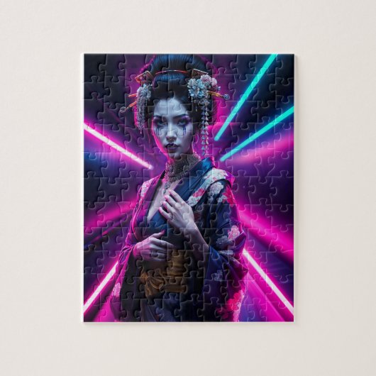 Beautiful Geisha Puzzle with Neon Background - Ele (Vertikal)