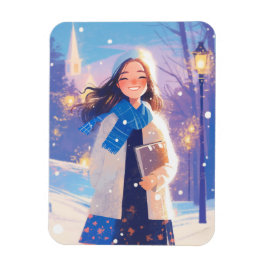 Beautiful Girl Walking on Winter Street Magnet