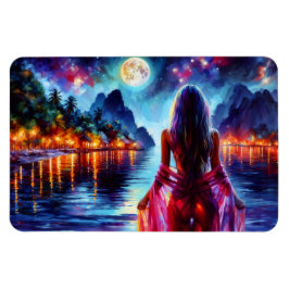 Beautiful girl watching glowing night water magnet