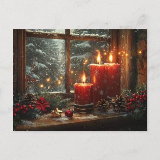 Beautiful Glowing Red Candles Pine Cones Berries Postkarte (Vorderseite)