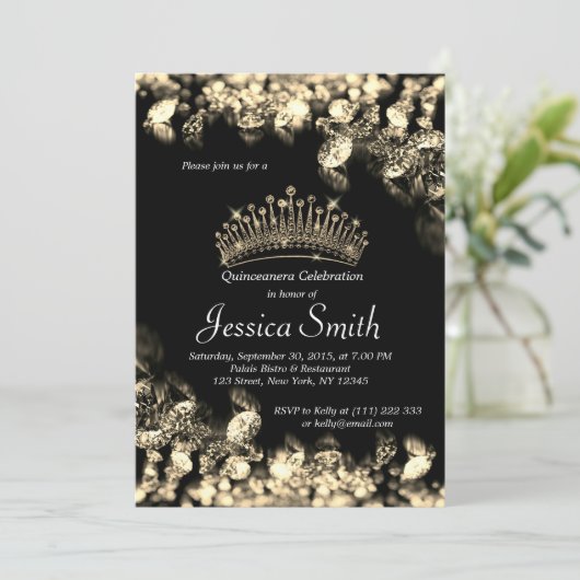 Beautiful Golden Diamond Quinceañera Einladung (Stehend Vorderseite)