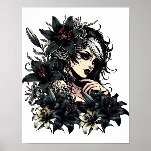 Beautiful Goth Girl Black Lilly Blume Art Poster (Vorne)