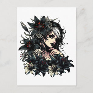 Beautiful Goth Girl Black Lilly Blume Art Postkarte