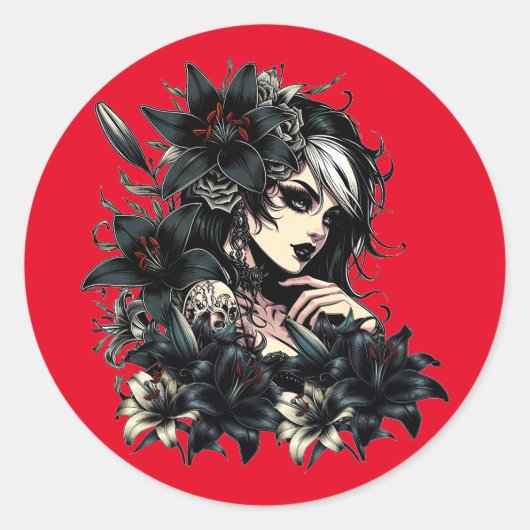 Beautiful Goth Girl Black Lilly Blume Art Runder Aufkleber (Vorderseite)