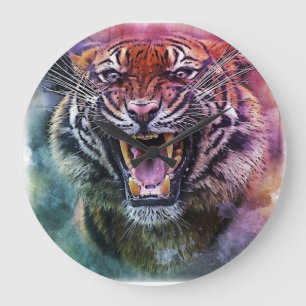 Beautiful Growling Bengal Tiger Face Photo Große Wanduhr