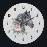 Beautiful Horse Head Portrait Watercolor Große Wanduhr<br><div class="desc">A clock with a beautiful illustration of a black horse head with a fancy floral embellishment by it's neck. Elegant and classy animal painting.
Gray mottled background.</div>