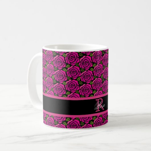 Beautiful Hot Pink Roses Custom Name Monogram Gift Kaffeetasse (Vorderseite Links)