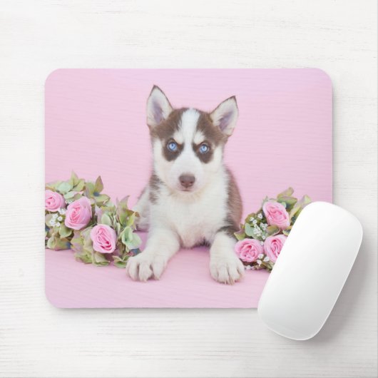 Beautiful Husky Puppy with Pink Roses Mousepad (Mit Mouse)