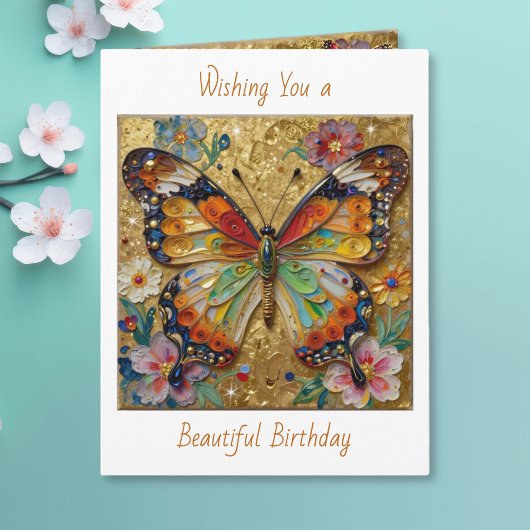 Beautiful Impasto Butterfly and Flowers Birthday Karte