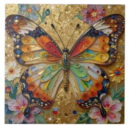 Beautiful Impasto Butterfly and Flowers   Fliese