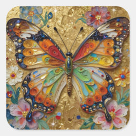 Beautiful Impasto Butterfly and Flowers   Quadratischer Aufkleber