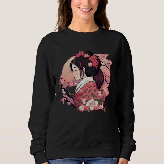 Beautiful Japanese Geisha lady with blossom flower Sweatshirt (Vorderseite)
