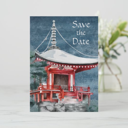 Beautiful Japanese Temple Nighttime Nature Wedding Save The Date (Stehend Vorderseite)