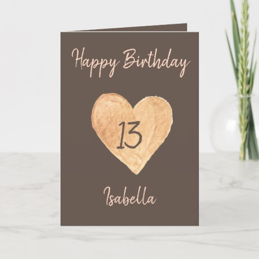 Beautiful Khaki Watercolor Heart 13th Birthday Karte (Vorderseite)