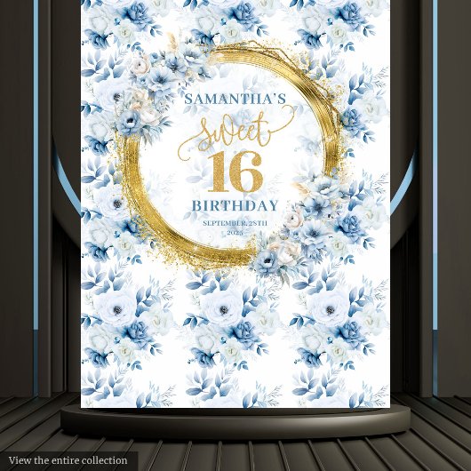 Beautiful Light Blue Sweet 16 Gold Glitzer Banner Wandteppich