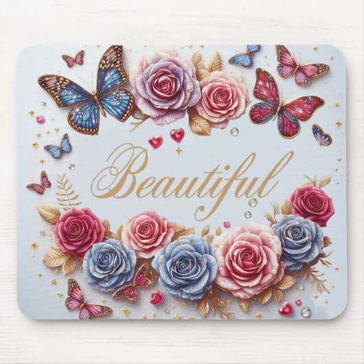 "Beautiful" mit Schmetterlingen und Rose Mousepad (Vorne)