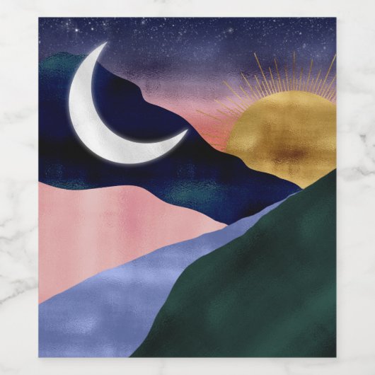 Beautiful Mountain River Moon Sunset Design Weinetikett (Einzelnes Label)