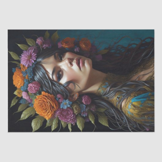 Beautiful mysterious black haired flower woman seidenpapier (Vorderseite)