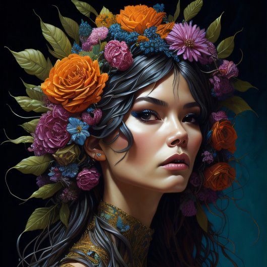 Beautiful mysterious black haired flower woman seidenpapier