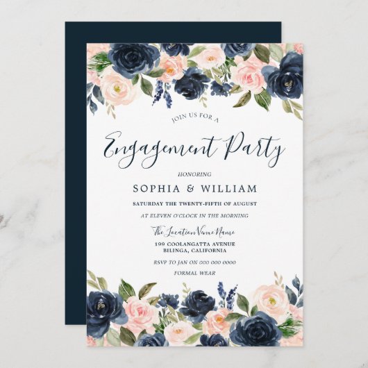 Beautiful Navy & Blush Floral Engagement Party Einladung (Vorne/Hinten)