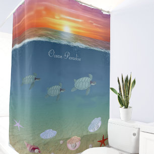 Beautiful Ocean Sunrise, Sea Turtles and Pearls Duschvorhang
