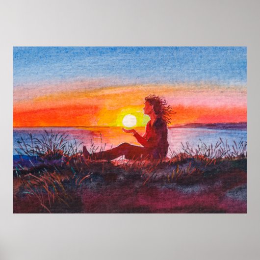 Beautiful ocean sunset. Portrait of young woman as Poster (Vorne)