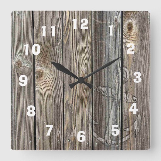 Beautiful Old Wood looking Clock with white Anchor Quadratische Wanduhr (Vorderseite)