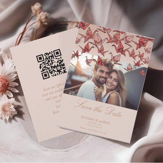Beautiful Origami Paper Crane Photo QR Code Save The Date