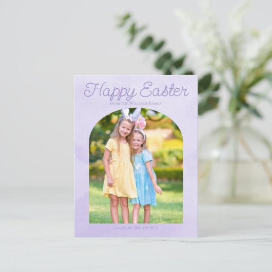 Beautiful Osterfamilie Foto Lila Bogen Postkarte (Stehend Vorderseite)