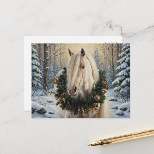 Beautiful Palomino Horse Winter Forest Christmas Postkarte (Vorderseite/Rückseite Beispiel)