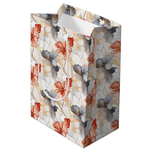 Beautiful Peach Blue Floral Mittlere Geschenktüte (Rückseite Schrägansicht)