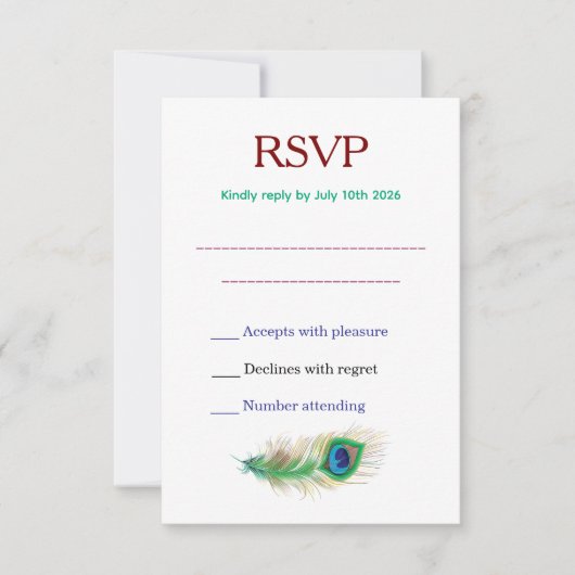 Beautiful Peacock Feather Wedding RSVP Karte (Vorderseite)