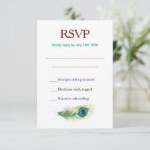 Beautiful Peacock Feather Wedding RSVP Karte (Stehend Vorderseite)