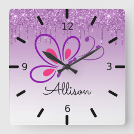 Beautiful Personalized Purple Butterfly Quadratische Wanduhr