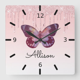Beautiful Personalized Purple Butterfly Quadratische Wanduhr