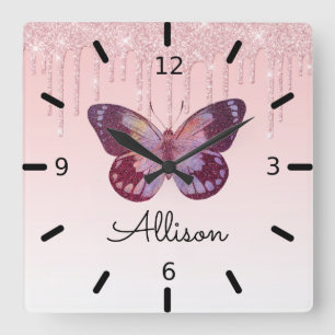 Beautiful Personalized Purple Butterfly Quadratische Wanduhr