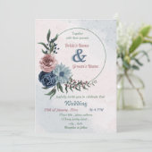 beautiful pink blue floral greenery wreath wedding einladung (Stehend Vorderseite)