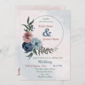 beautiful pink blue floral greenery wreath wedding einladung (Vorne/Hinten)