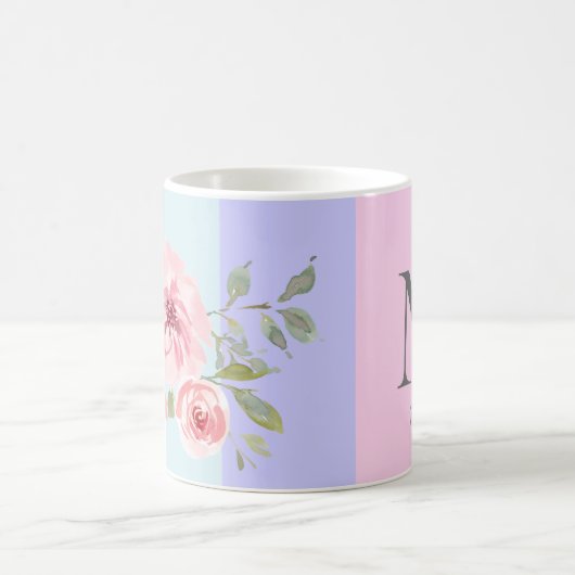 Beautiful Pink Blue Strip Floral Monogram Name Kaffeetasse (Mittel)