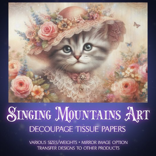 Beautiful Pink Floral Victorian Cat Decoupage Seidenpapier
