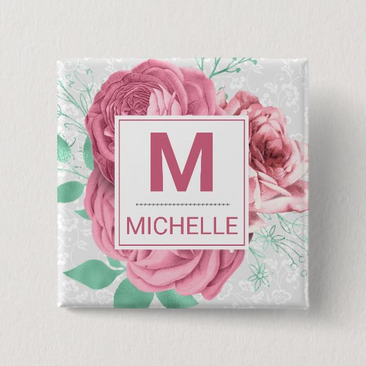 Beautiful Pink Garden Rose Monogram Button (Vorderseite)