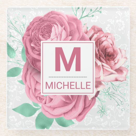 Beautiful Pink Garden Rose Monogram Glasuntersetzer (Vorderseite)